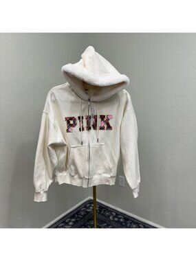 PINK Logo Campus Fleece Full Zip Hoodie Faux Fur Lined Hood Womens sz Small NEW